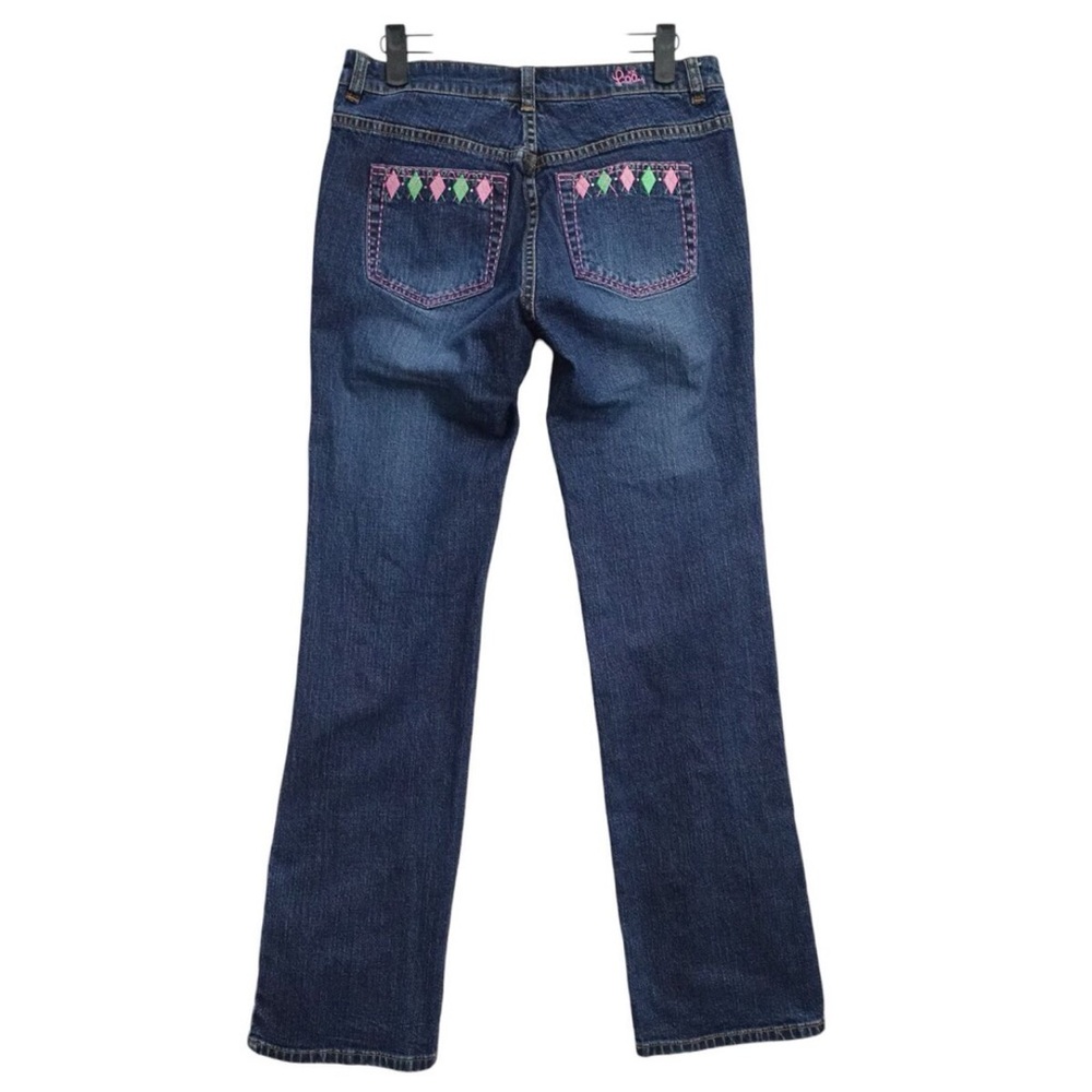 Lilly Pulitzer Embroidered Pockets Dark Wash Straight Blue Denim Jeans Sz 8.